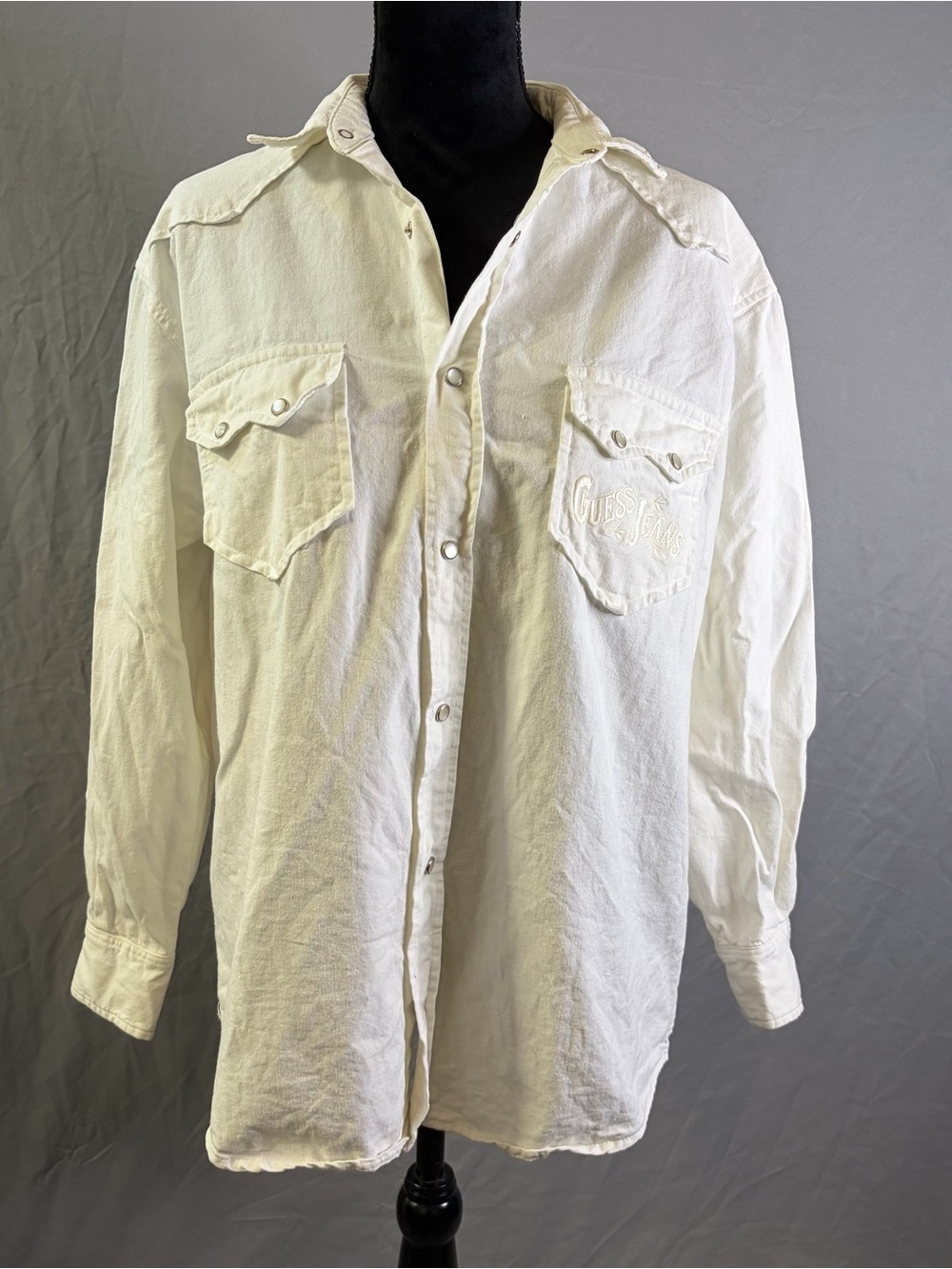 Vintage Guess by Marciano White Pearl Snap Shirt with Embroidered Logo on Pocket